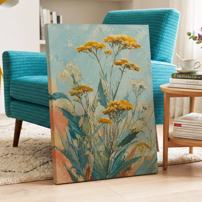Ochre Meadow, blue, green, yellow floral wall art displayed in a styled interior, gallery view 7