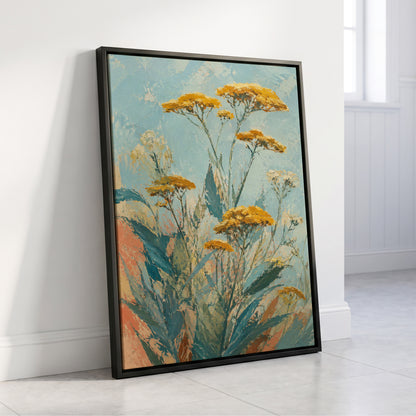 Ochre Meadow, blue, green, yellow floral wall art displayed in a styled interior, gallery view 8