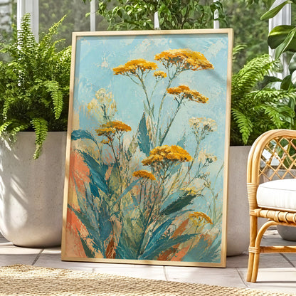Ochre Meadow, blue, green, yellow floral wall art displayed in a styled interior, gallery view 9