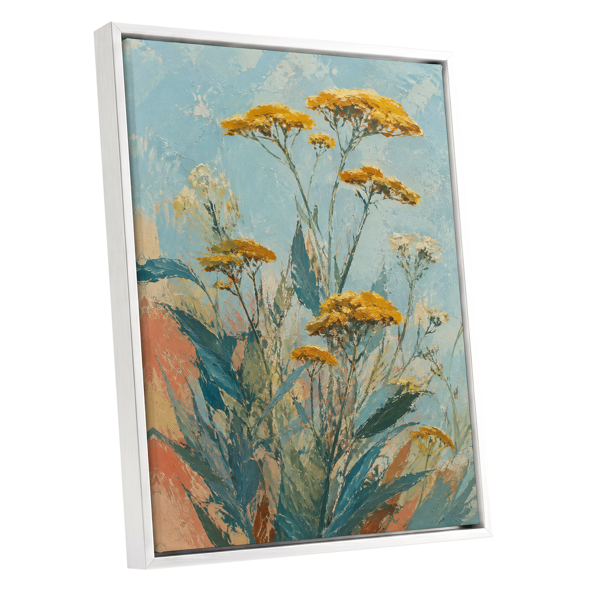Ochre Meadow, blue, green, yellow floral wall art shown as a white framed canvas wall art