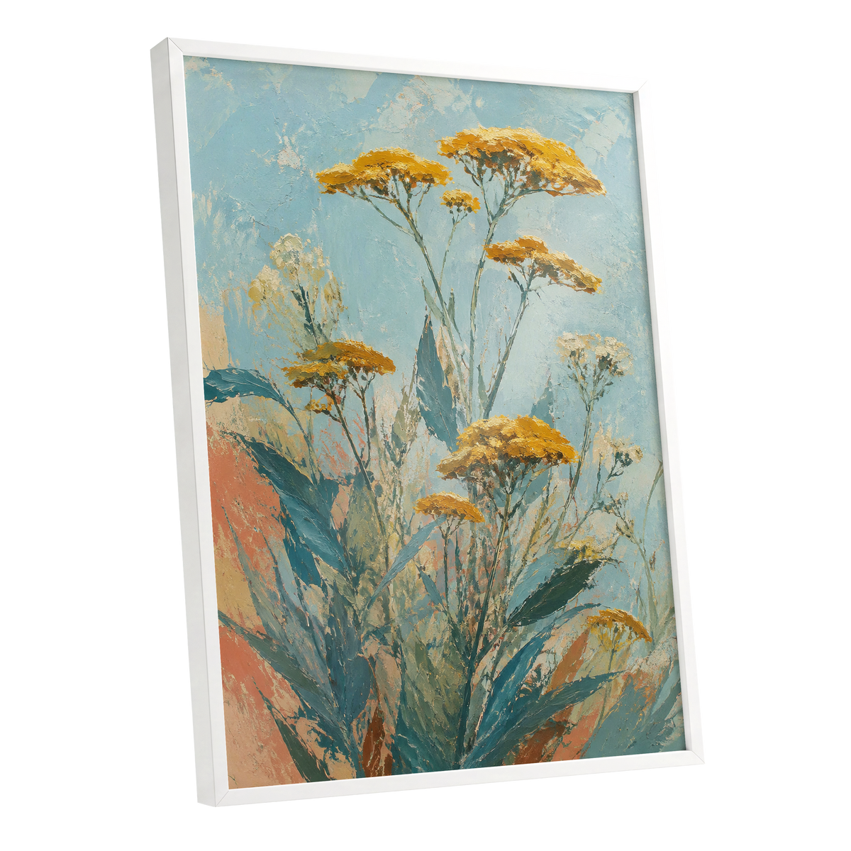 Ochre Meadow, blue, green, yellow floral wall art shown as a white framed poster wall art print
