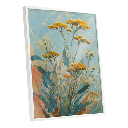 Ochre Meadow, blue, green, yellow floral wall art shown as a white framed poster wall art print