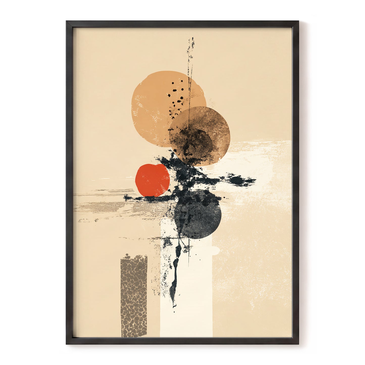 Ochre Orbit Study, beige, brown, black abstract wall art, front artwork view