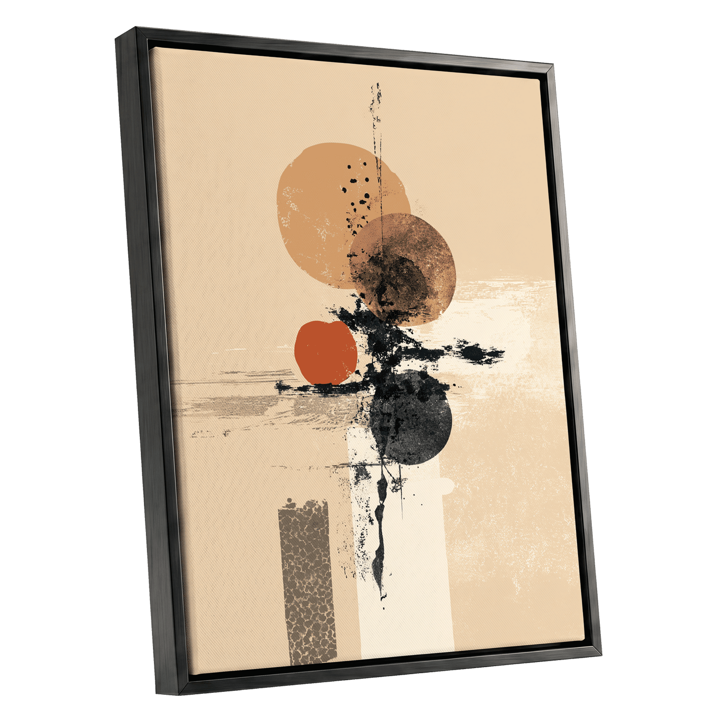 Ochre Orbit Study, beige, brown, black abstract wall art shown as a black framed canvas wall art