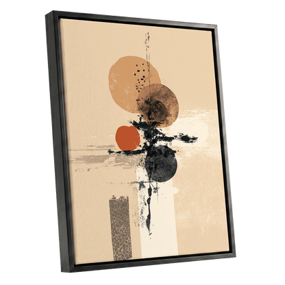Ochre Orbit Study, beige, brown, black abstract wall art shown as a black framed canvas wall art