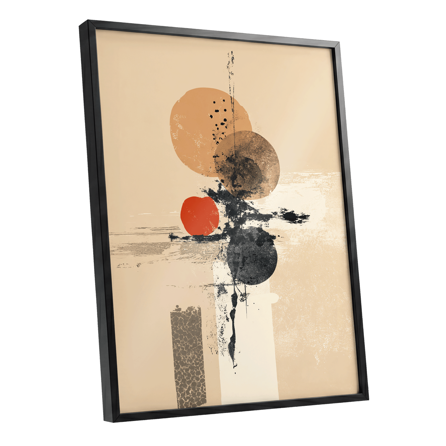 Ochre Orbit Study, beige, brown, black abstract wall art shown as a black framed poster wall art print