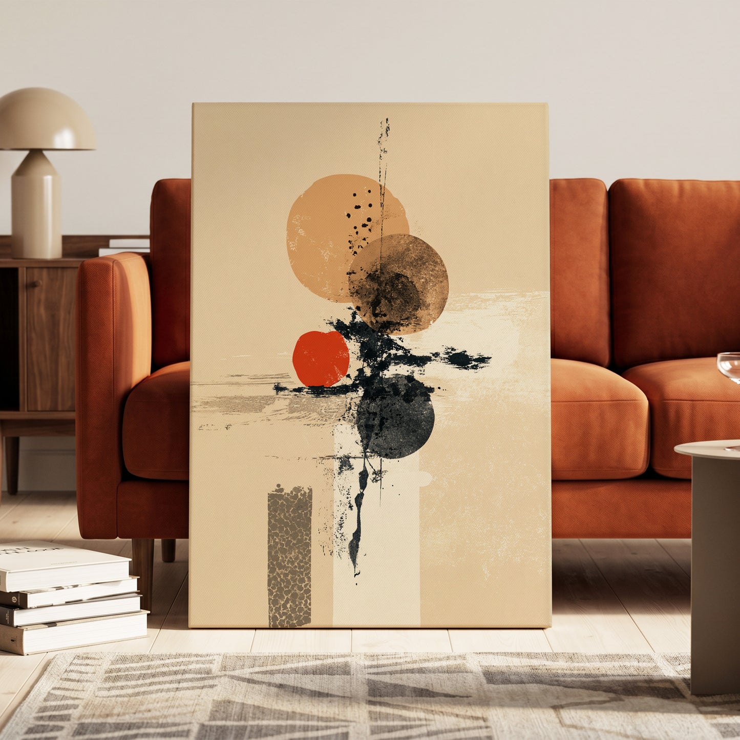 Ochre Orbit Study, beige, brown, black abstract wall art on canvas displayed in a styled interior, gallery view 1