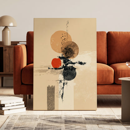 Ochre Orbit Study, beige, brown, black abstract wall art on canvas displayed in a styled interior, gallery view 1