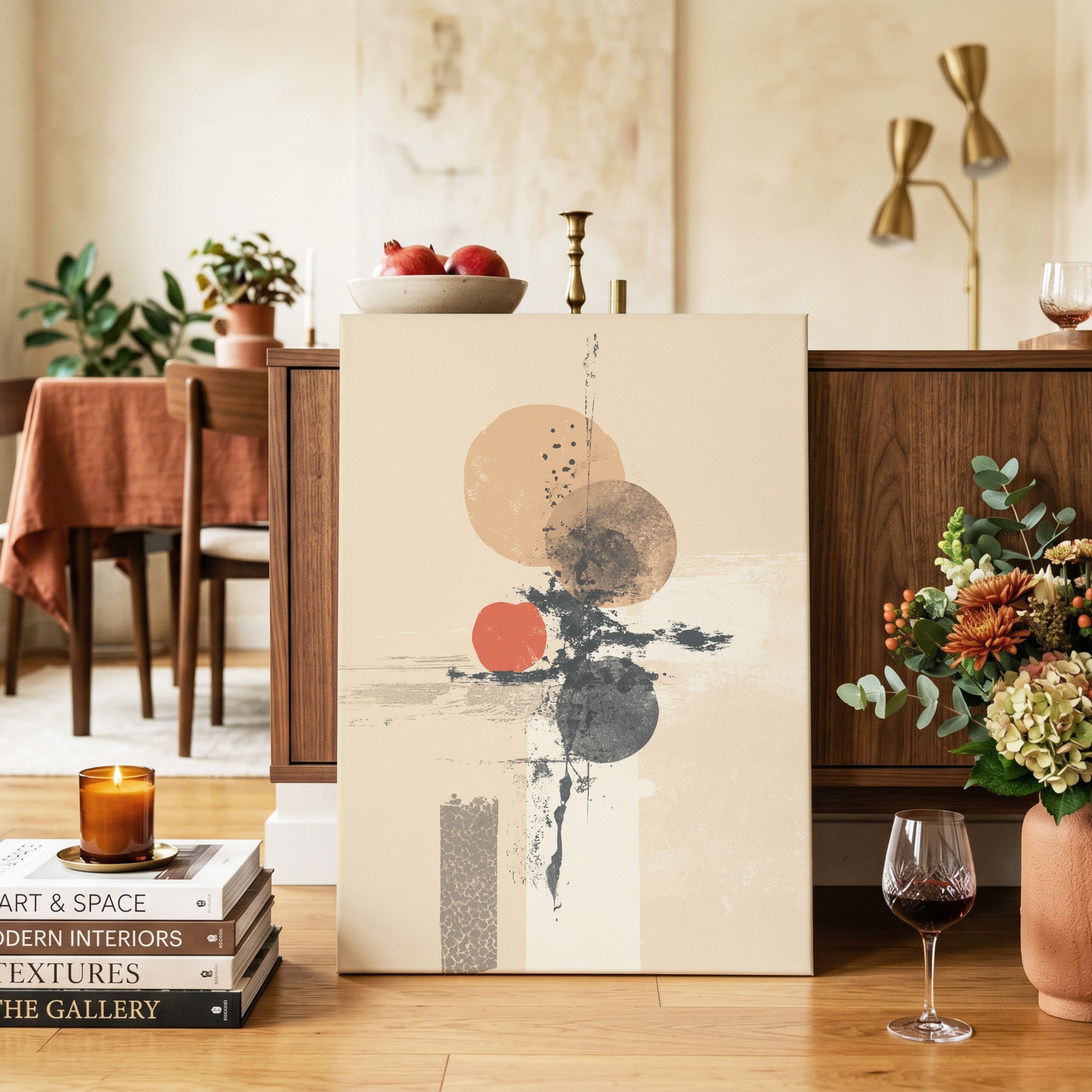 Ochre Orbit Study, beige, brown, black abstract wall art on canvas displayed in a styled interior, gallery view 2