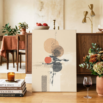 Ochre Orbit Study, beige, brown, black abstract wall art on canvas displayed in a styled interior, gallery view 2