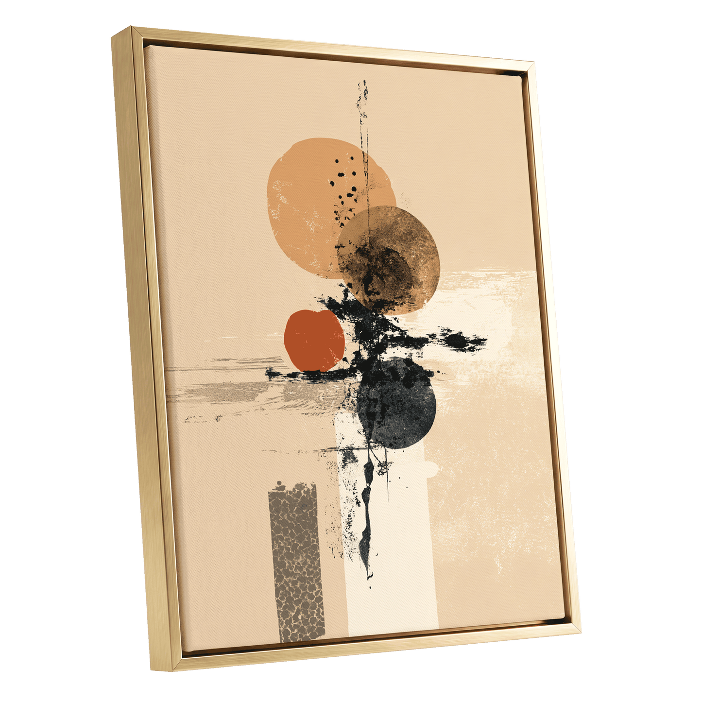 Ochre Orbit Study, beige, brown, black abstract wall art shown as a gold framed canvas wall art