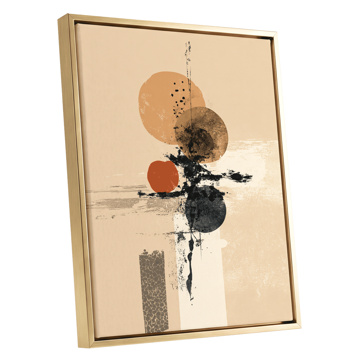 Ochre Orbit Study, beige, brown, black abstract wall art shown as a gold framed canvas wall art