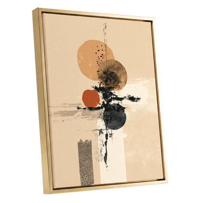 Ochre Orbit Study, beige, brown, black abstract wall art shown as a gold framed canvas wall art