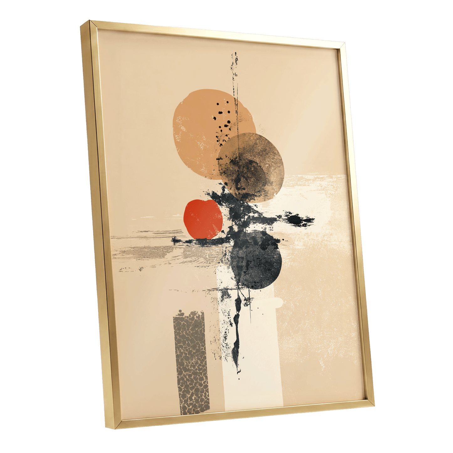 Ochre Orbit Study, beige, brown, black abstract wall art shown as a gold framed poster wall art print
