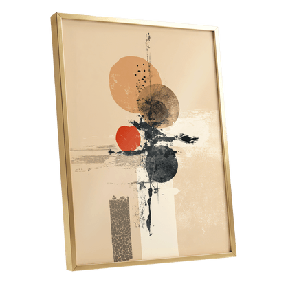 Ochre Orbit Study, beige, brown, black abstract wall art shown as a gold framed poster wall art print