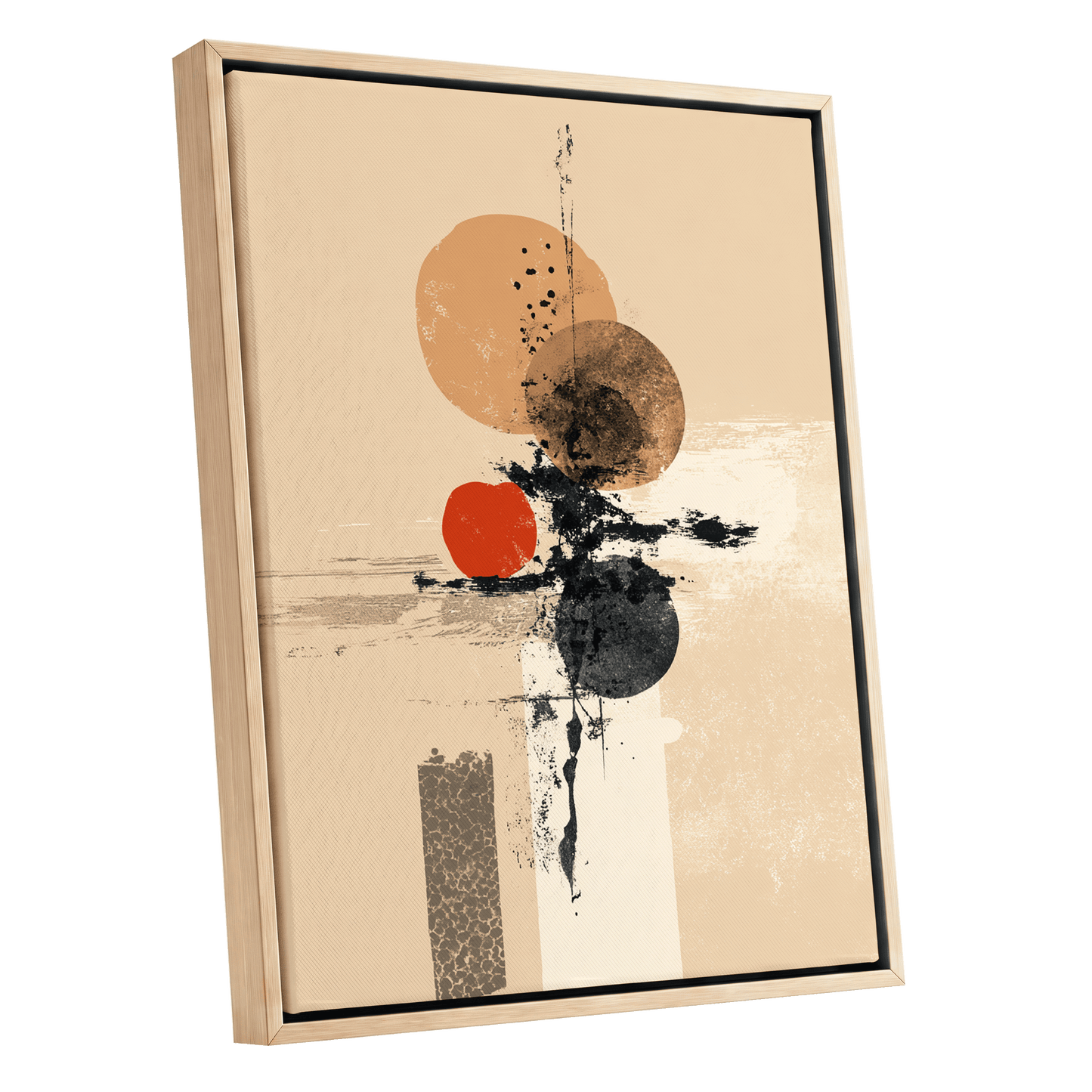 Ochre Orbit Study, beige, brown, black abstract wall art shown as a oak framed canvas wall art