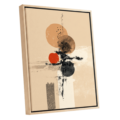 Ochre Orbit Study, beige, brown, black abstract wall art shown as a oak framed canvas wall art