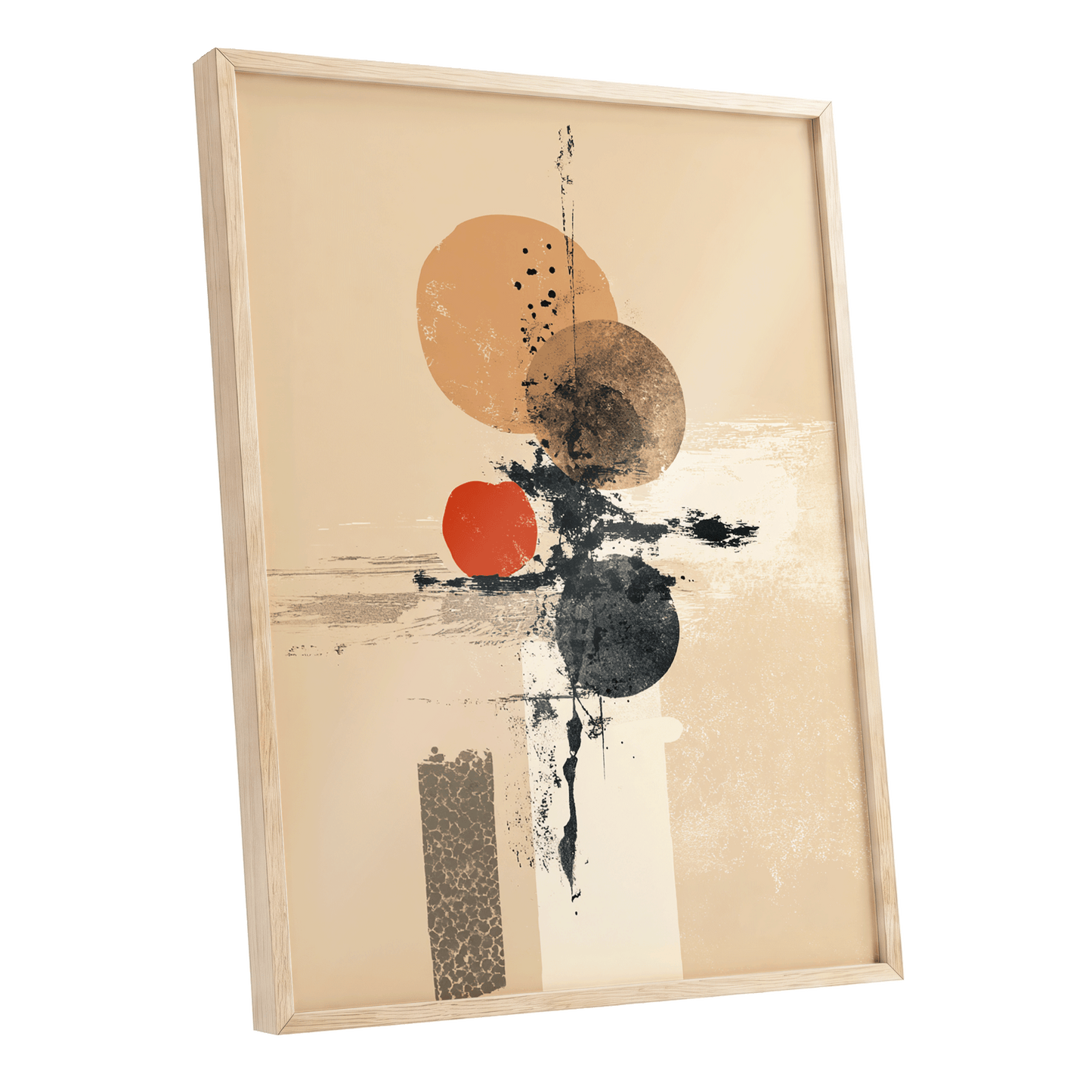 Ochre Orbit Study, beige, brown, black abstract wall art shown as a oak framed poster wall art print