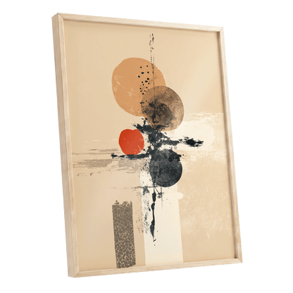 Ochre Orbit Study, beige, brown, black abstract wall art shown as a oak framed poster wall art print
