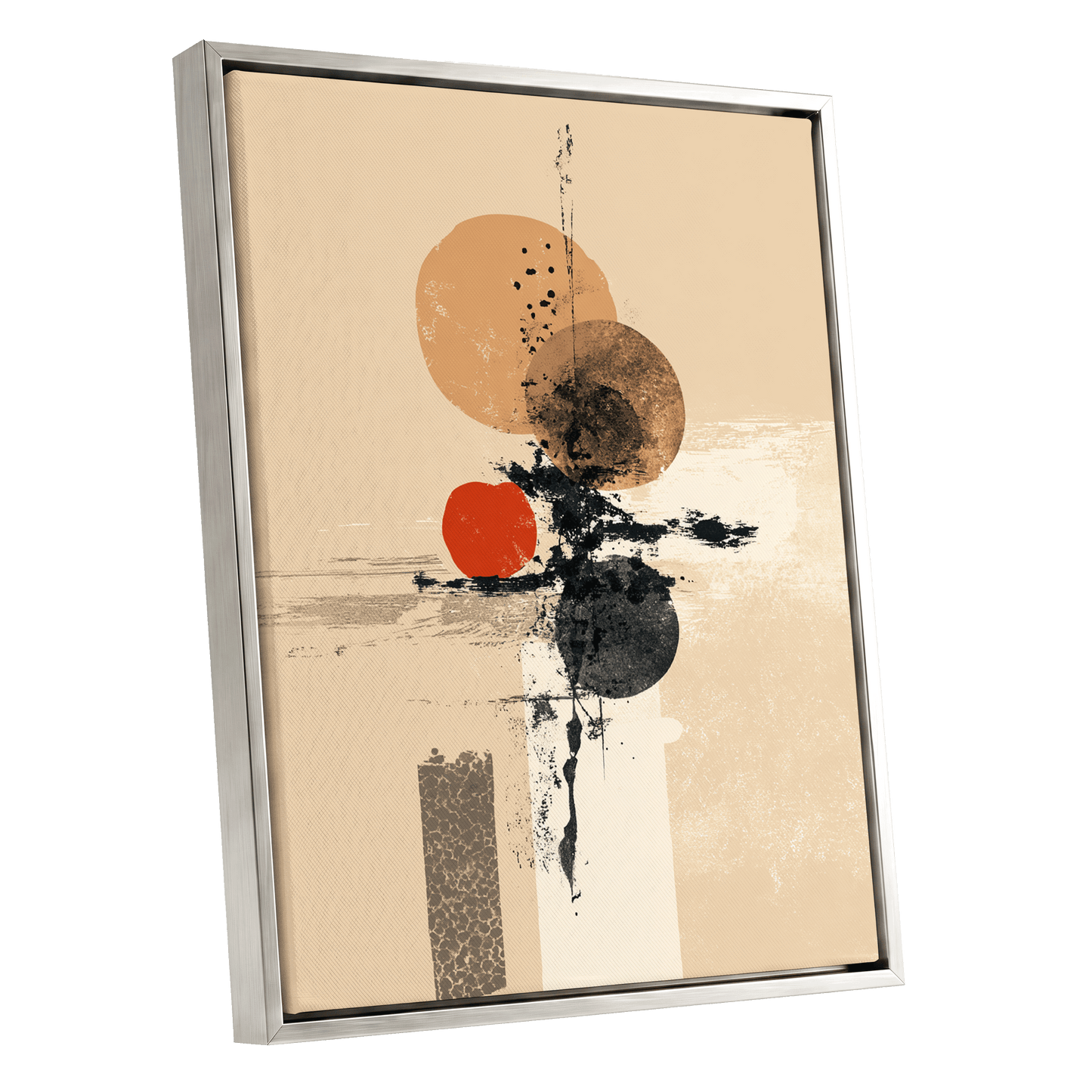 Ochre Orbit Study, beige, brown, black abstract wall art shown as a silver framed canvas wall art
