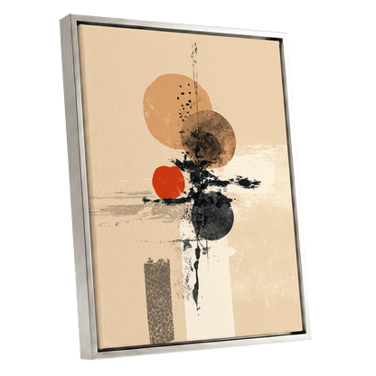 Ochre Orbit Study, beige, brown, black abstract wall art shown as a silver framed canvas wall art