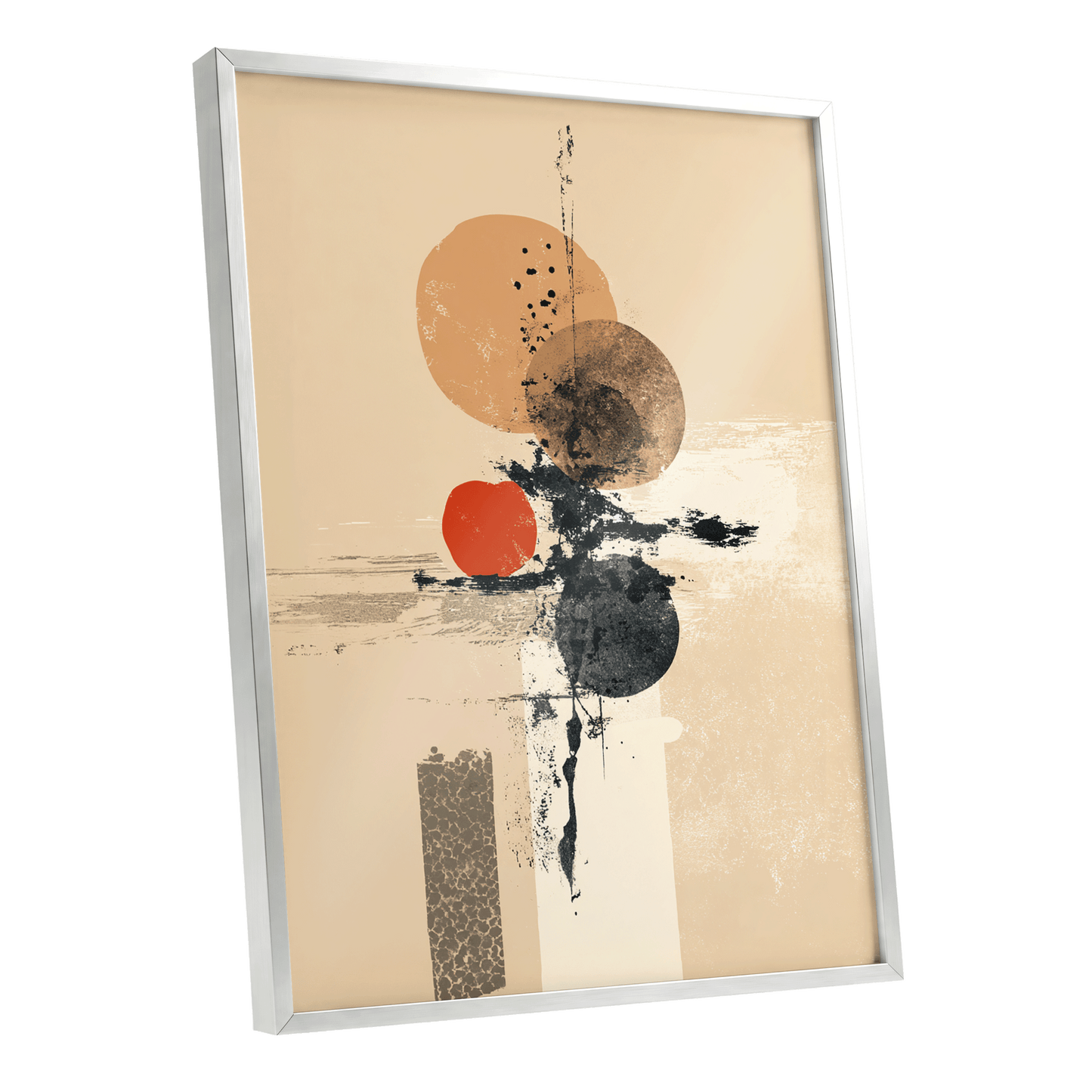 Ochre Orbit Study, beige, brown, black abstract wall art shown as a silver framed poster wall art print