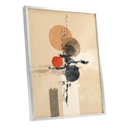 Ochre Orbit Study, beige, brown, black abstract wall art shown as a silver framed poster wall art print