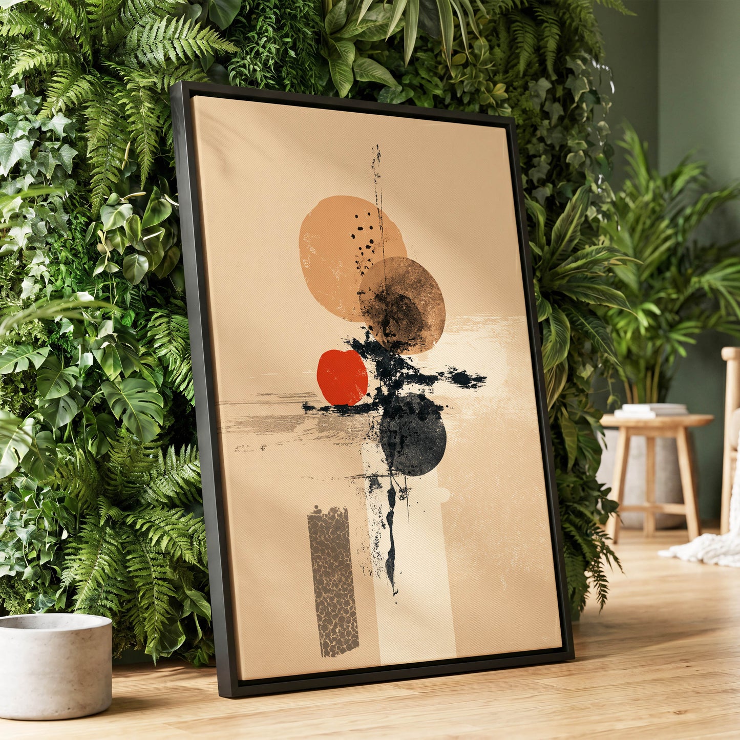 Ochre Orbit Study, beige, brown, black abstract wall art displayed in a styled interior, gallery view 1