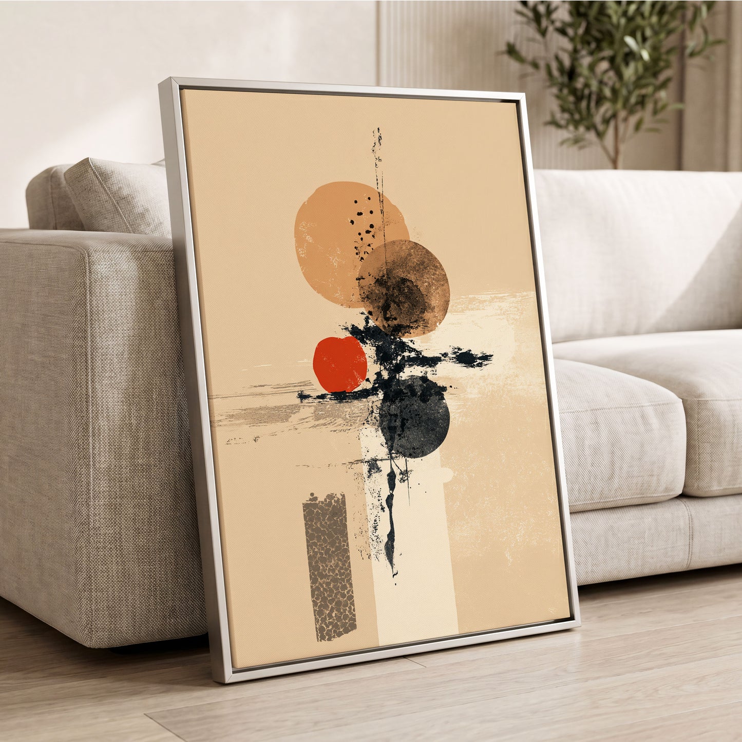 Ochre Orbit Study, beige, brown, black abstract wall art displayed in a styled interior, gallery view 2