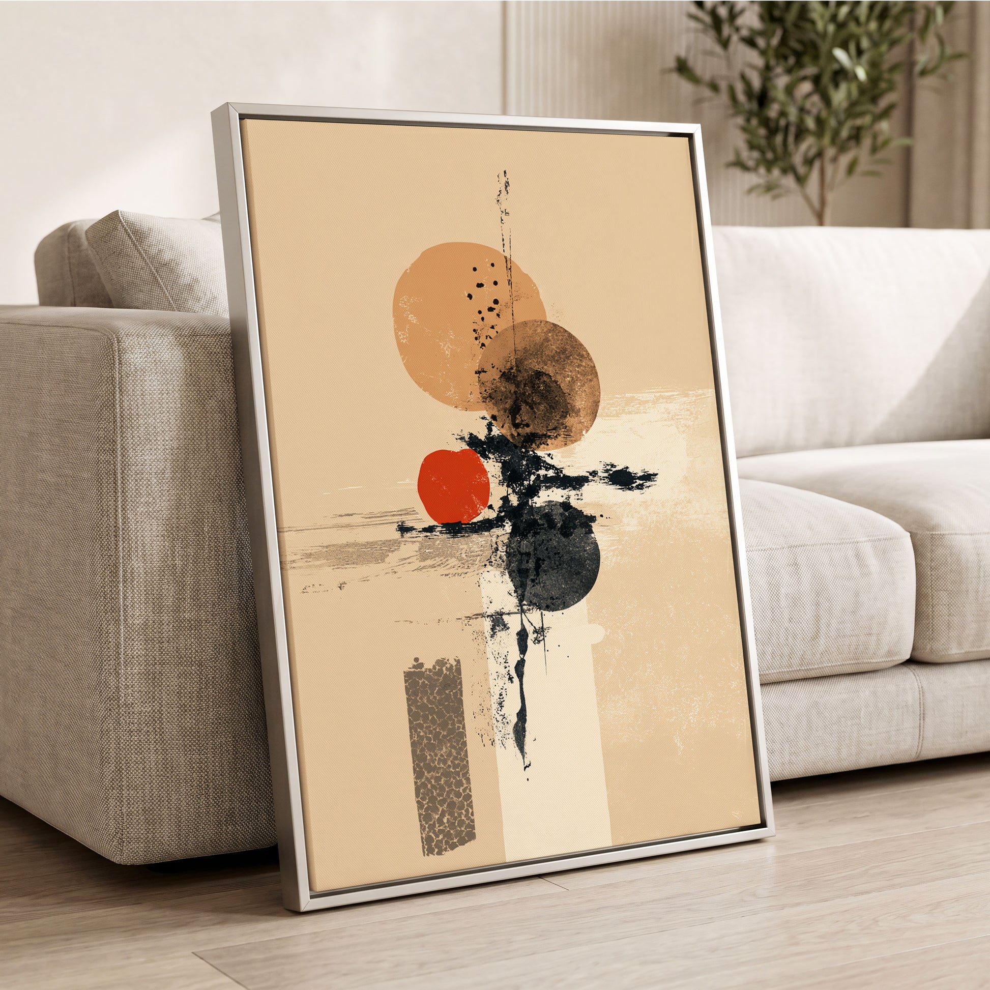 Ochre Orbit Study, beige, brown, black abstract wall art displayed in a styled interior, gallery view 2