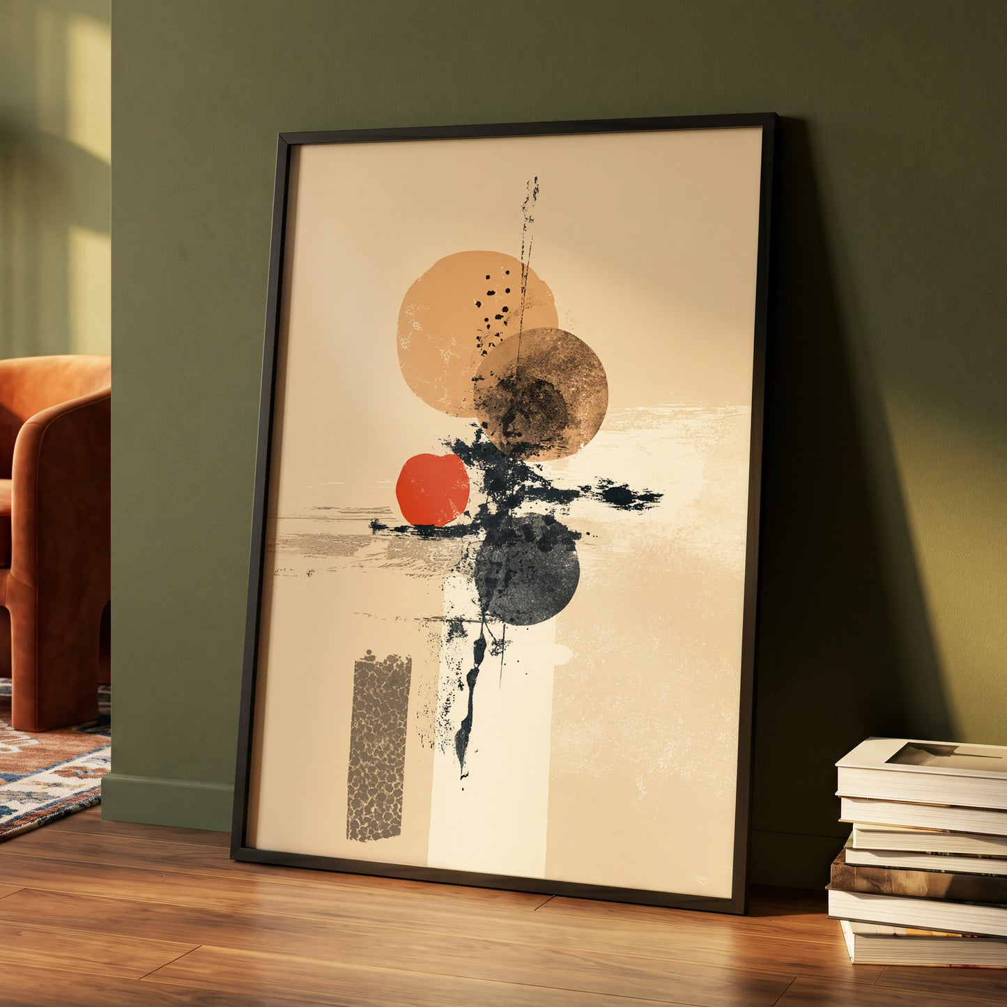 Ochre Orbit Study, beige, brown, black abstract wall art displayed in a styled interior, gallery view 4