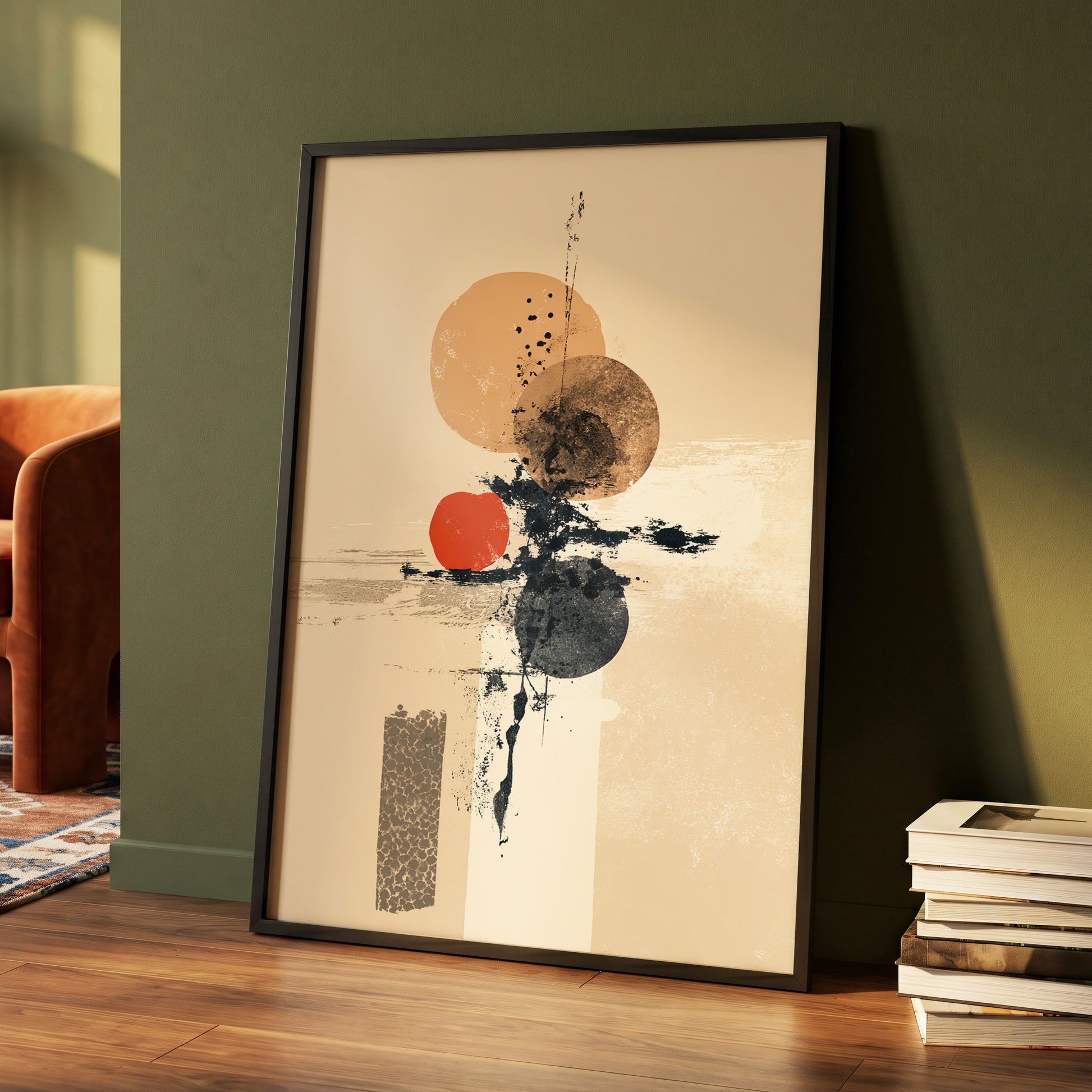 Ochre Orbit Study, beige, brown, black abstract wall art displayed in a styled interior, gallery view 4