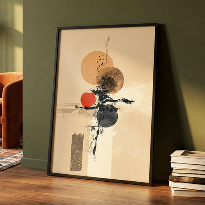 Ochre Orbit Study, beige, brown, black abstract wall art displayed in a styled interior, gallery view 4