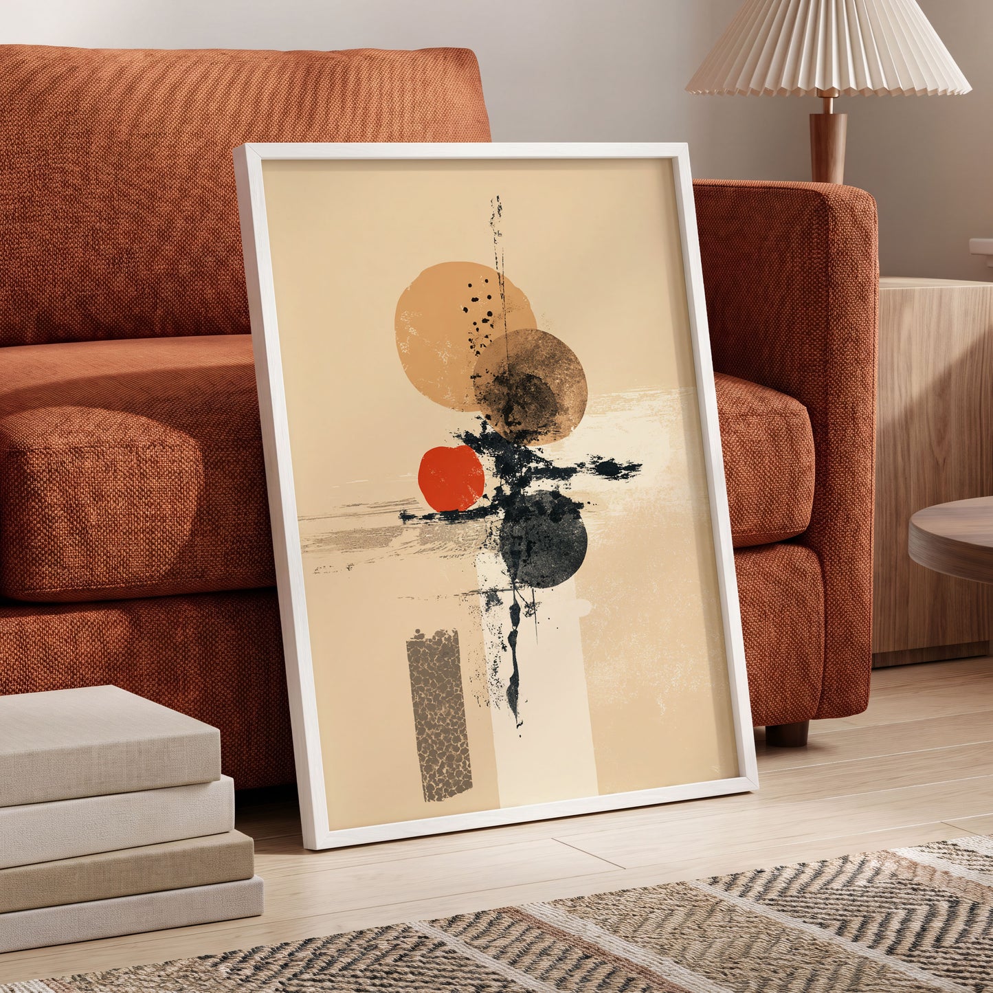 Ochre Orbit Study, beige, brown, black abstract wall art displayed in a styled interior, gallery view 6