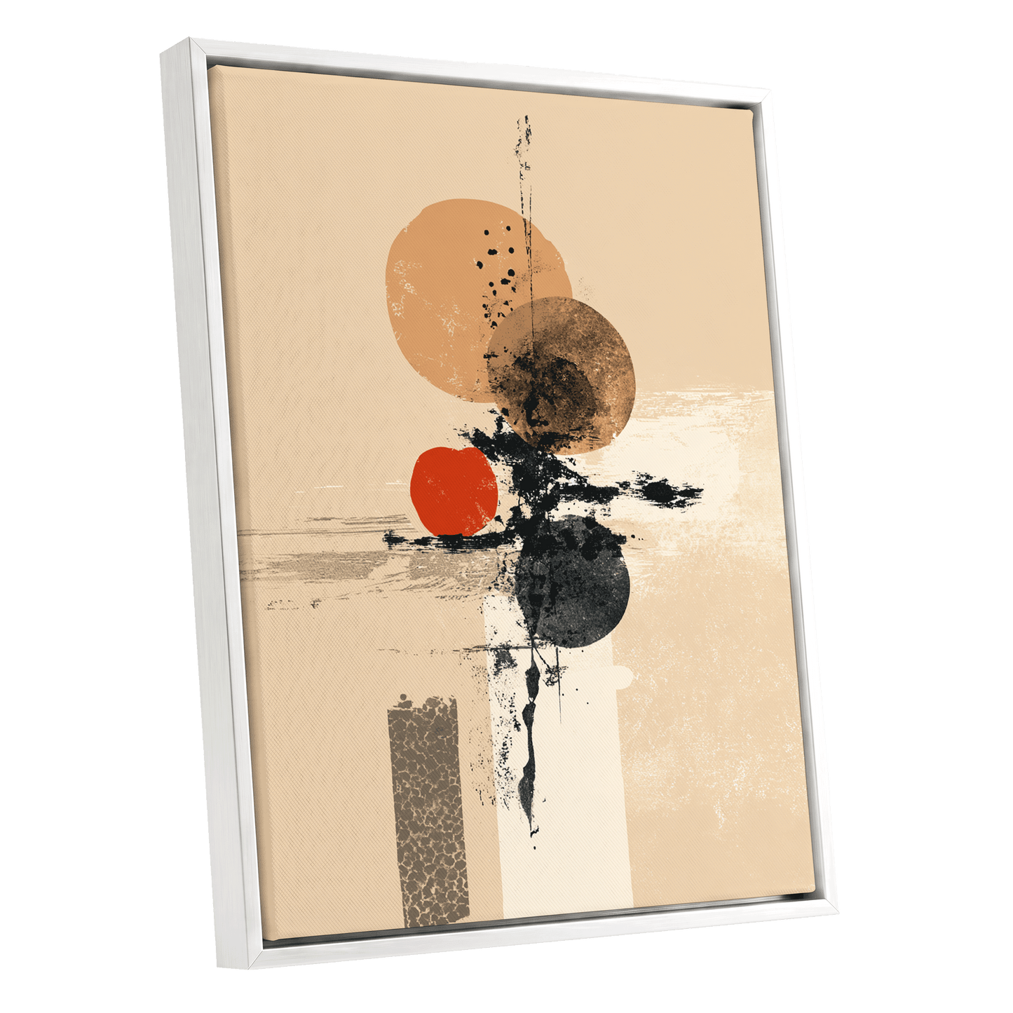 Ochre Orbit Study, beige, brown, black abstract wall art shown as a white framed canvas wall art