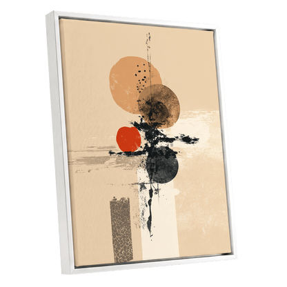 Ochre Orbit Study, beige, brown, black abstract wall art shown as a white framed canvas wall art