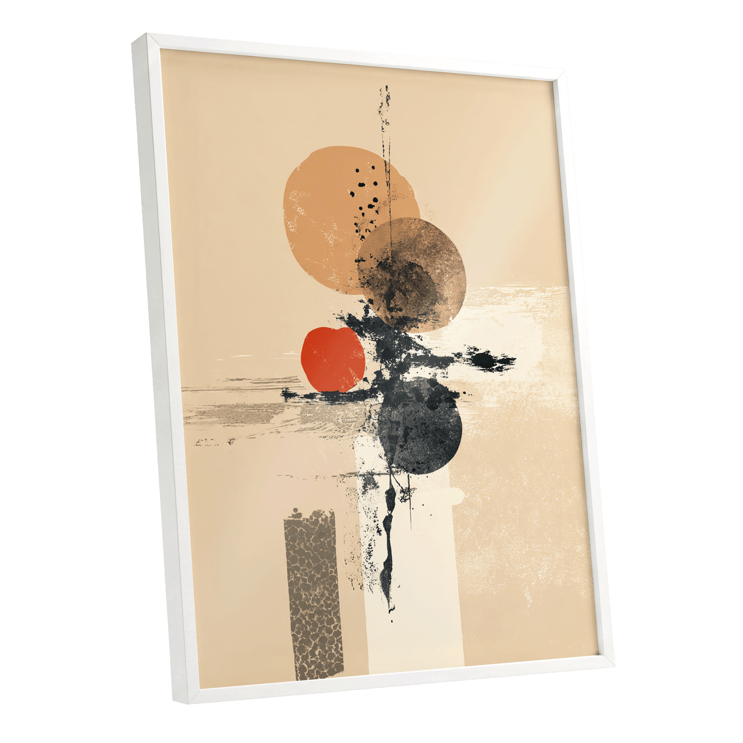 Ochre Orbit Study, beige, brown, black abstract wall art shown as a white framed poster wall art print