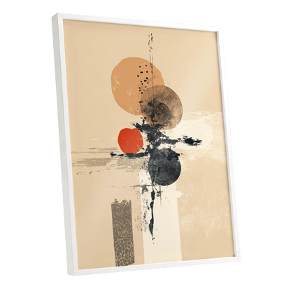 Ochre Orbit Study, beige, brown, black abstract wall art shown as a white framed poster wall art print