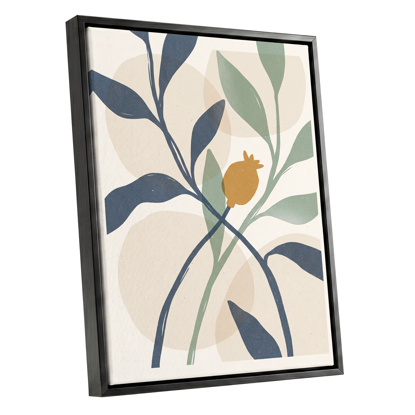 Ochre Orchard, beige, blue, green nature wall art shown as a black framed canvas wall art