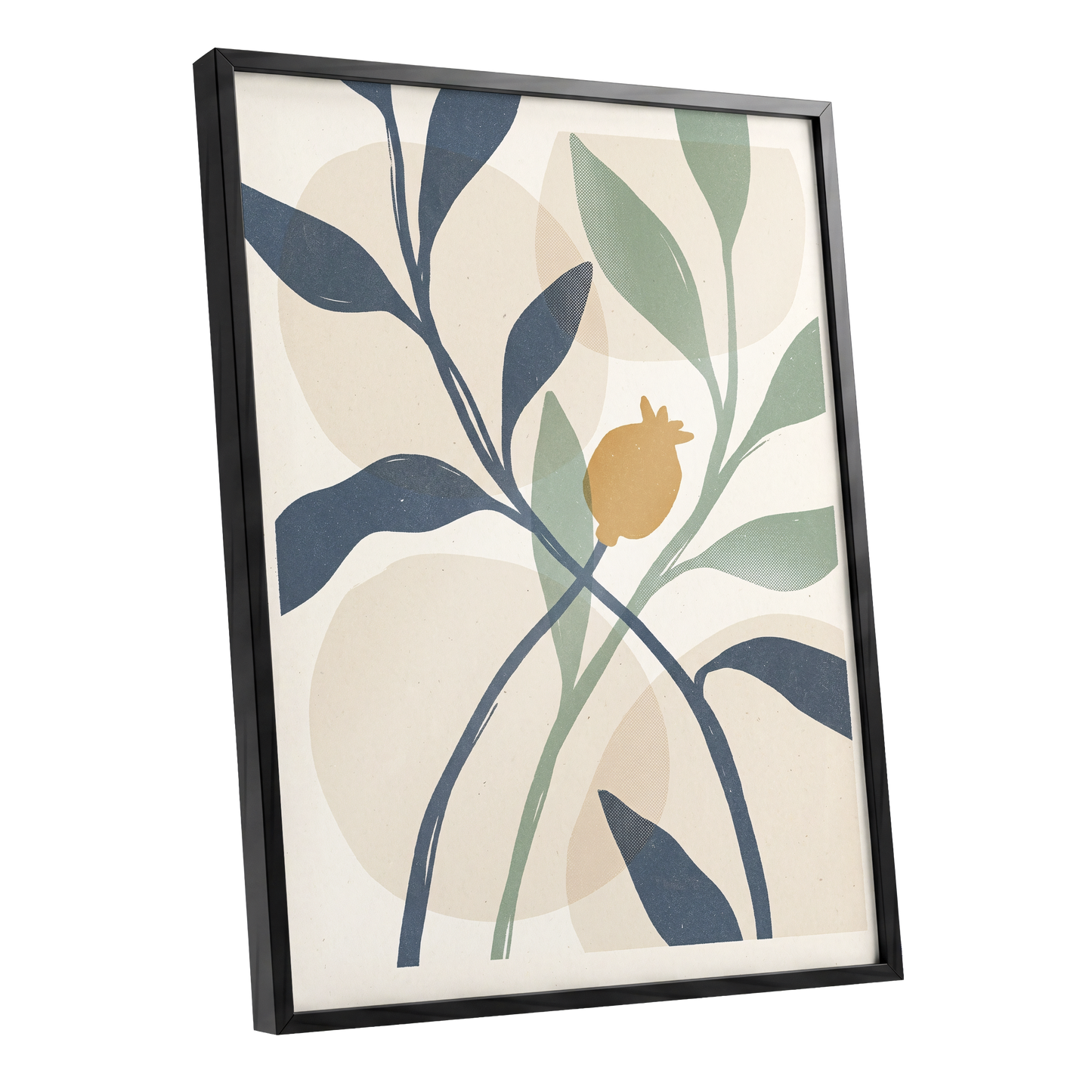 Ochre Orchard, beige, blue, green nature wall art shown as a black framed poster wall art print