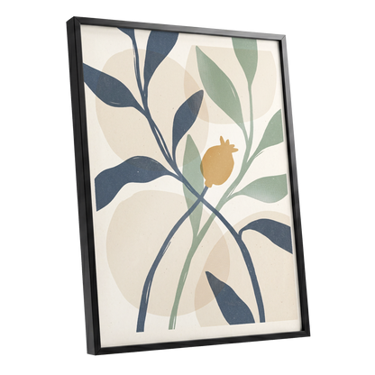 Ochre Orchard, beige, blue, green nature wall art shown as a black framed poster wall art print