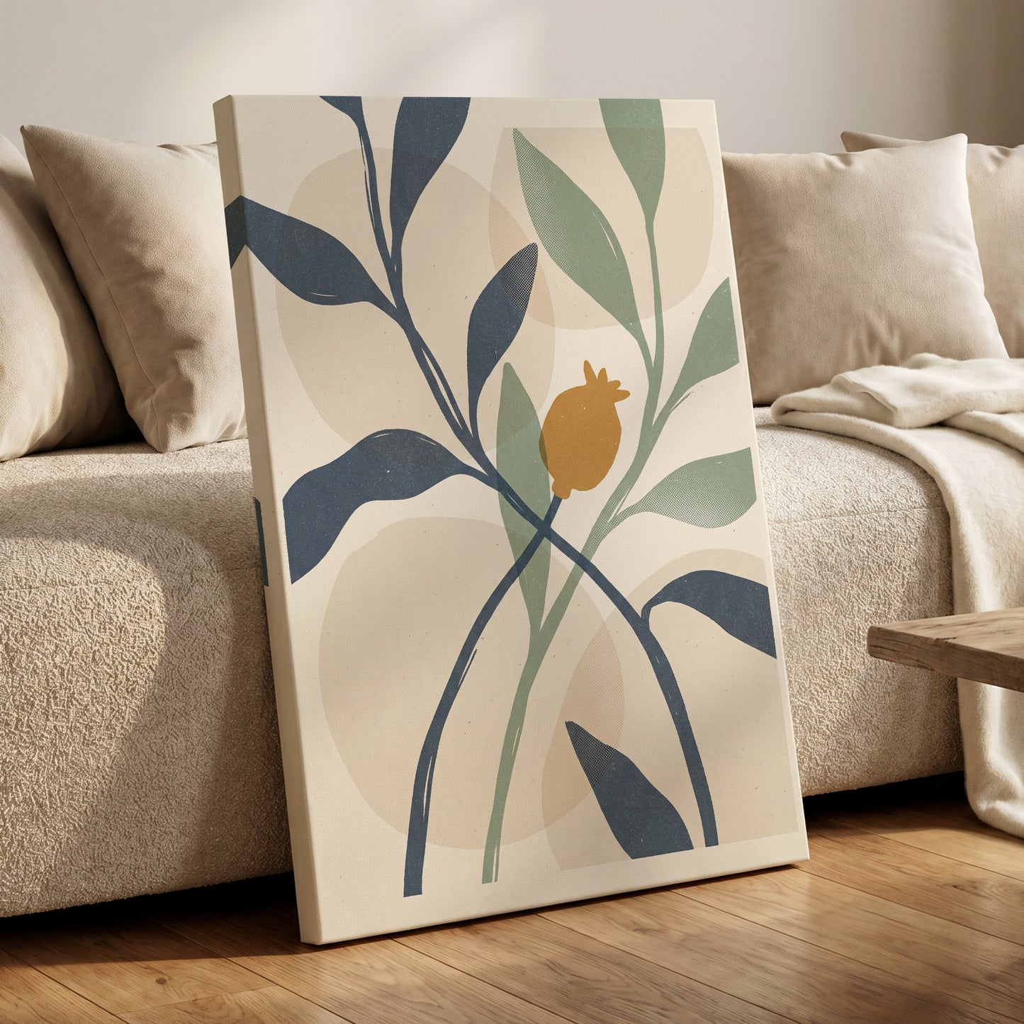 Ochre Orchard, beige, blue, green nature wall art on canvas displayed in a styled interior, gallery view 1