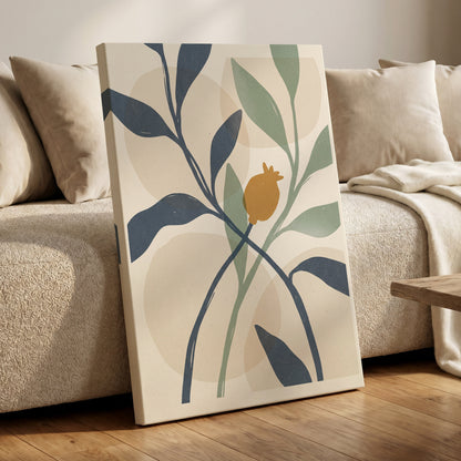 Ochre Orchard, beige, blue, green nature wall art on canvas displayed in a styled interior, gallery view 1