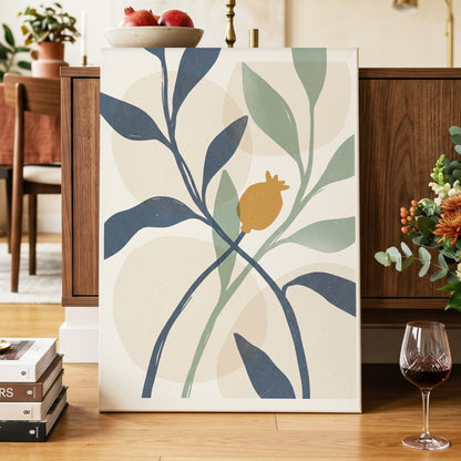 Ochre Orchard, beige, blue, green nature wall art on canvas displayed in a styled interior, gallery view 2