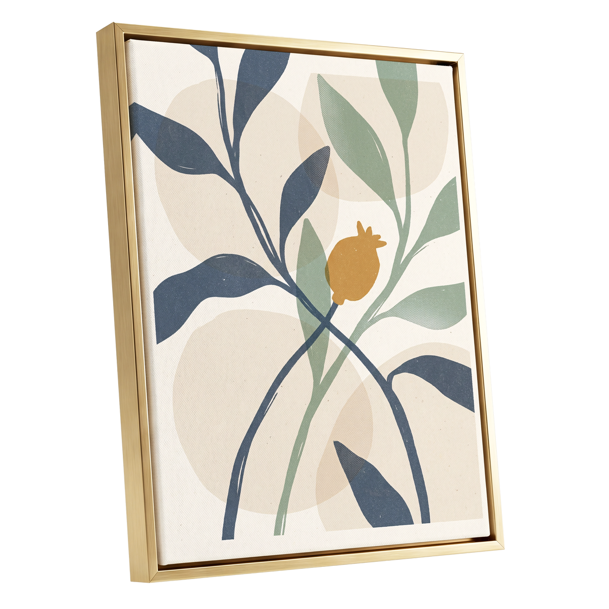 Ochre Orchard, beige, blue, green nature wall art shown as a gold framed canvas wall art