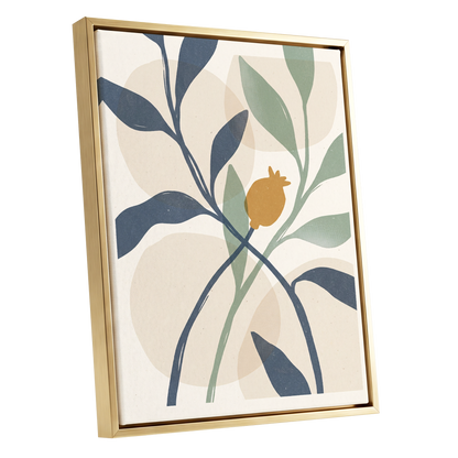 Ochre Orchard, beige, blue, green nature wall art shown as a gold framed canvas wall art