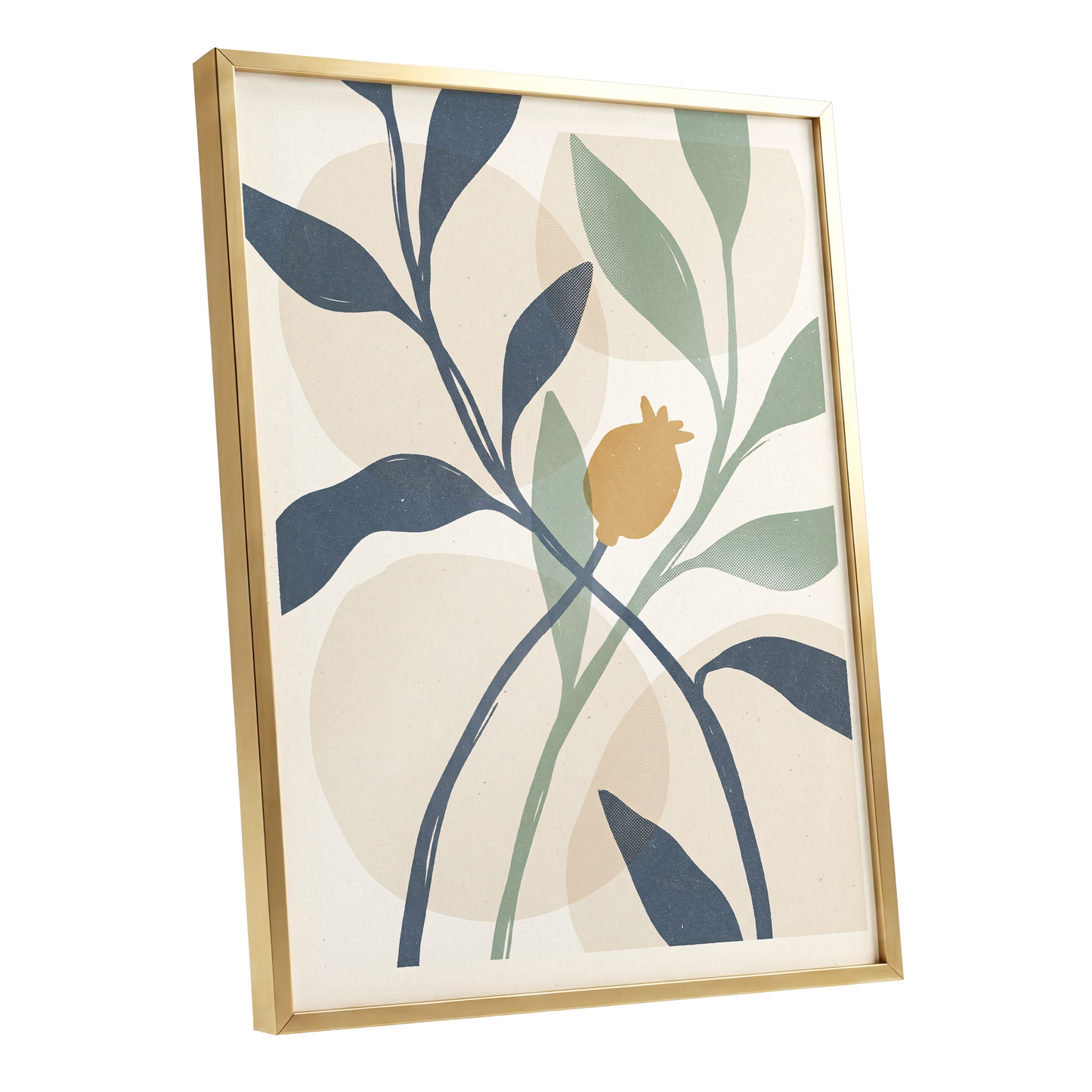Ochre Orchard, beige, blue, green nature wall art shown as a gold framed poster wall art print