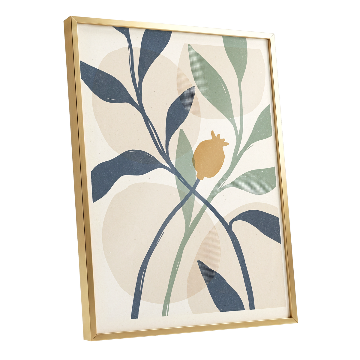 Ochre Orchard, beige, blue, green nature wall art shown as a gold framed poster wall art print