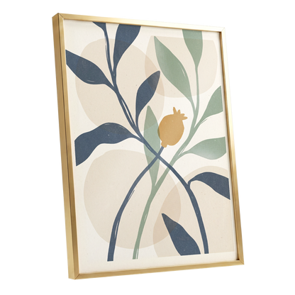 Ochre Orchard, beige, blue, green nature wall art shown as a gold framed poster wall art print