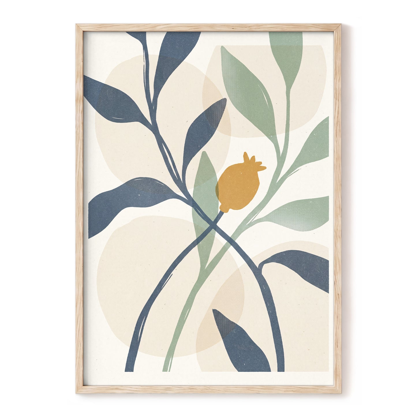 Ochre Orchard, beige, blue, green nature wall art, front artwork view